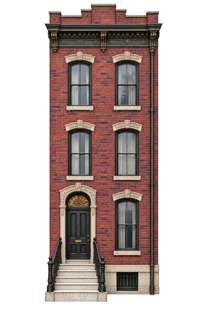 Illustration of a narrow three-story brick Baltimore rowhouse with ornate cornice, tall windows, transom door, marble stoop, and iron railings